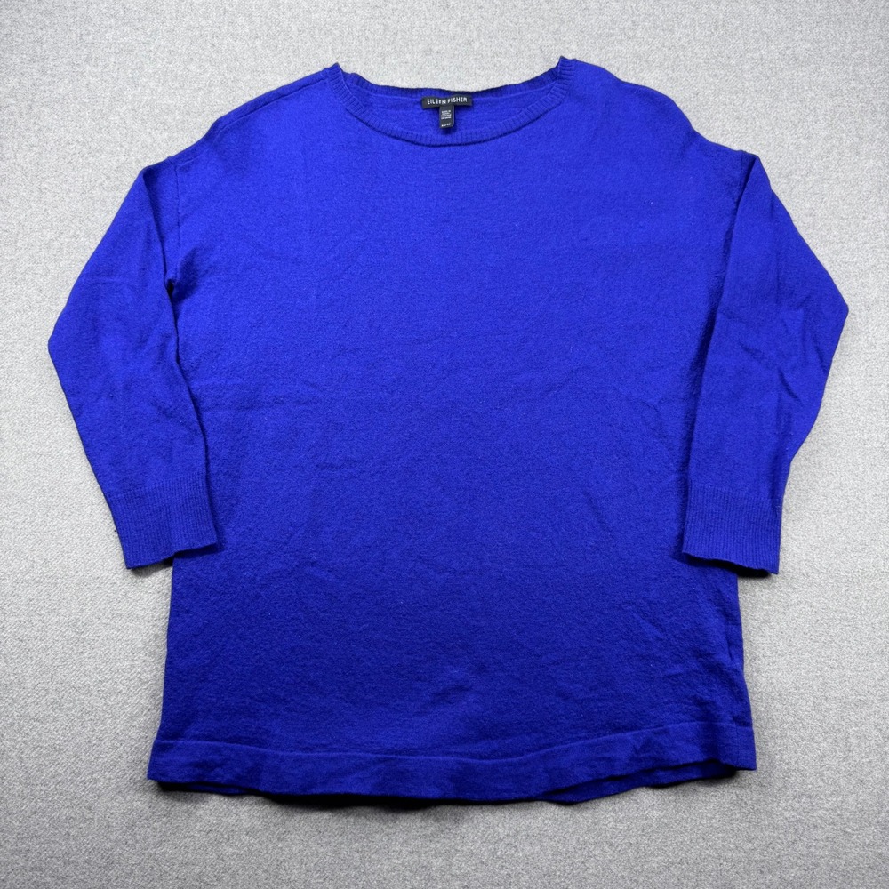 Eileen Fisher Wool Tencel Blend Knit Top XS Blue Crew Neck 3/4 Sleeve Pullover